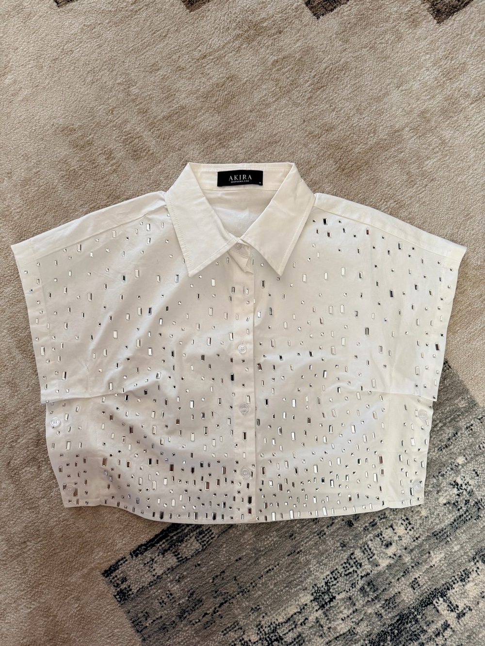 Akira White Cropped Button-Down Shirt with Metallic Embellishments
